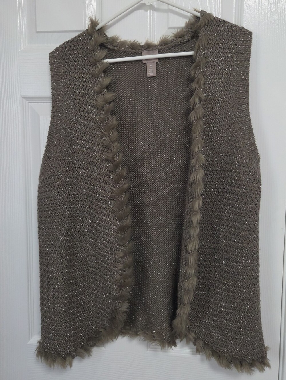 Chico's Sleeveless Brown Faux Fur Boho Layering Cozy Open Knit Sweater Vest L